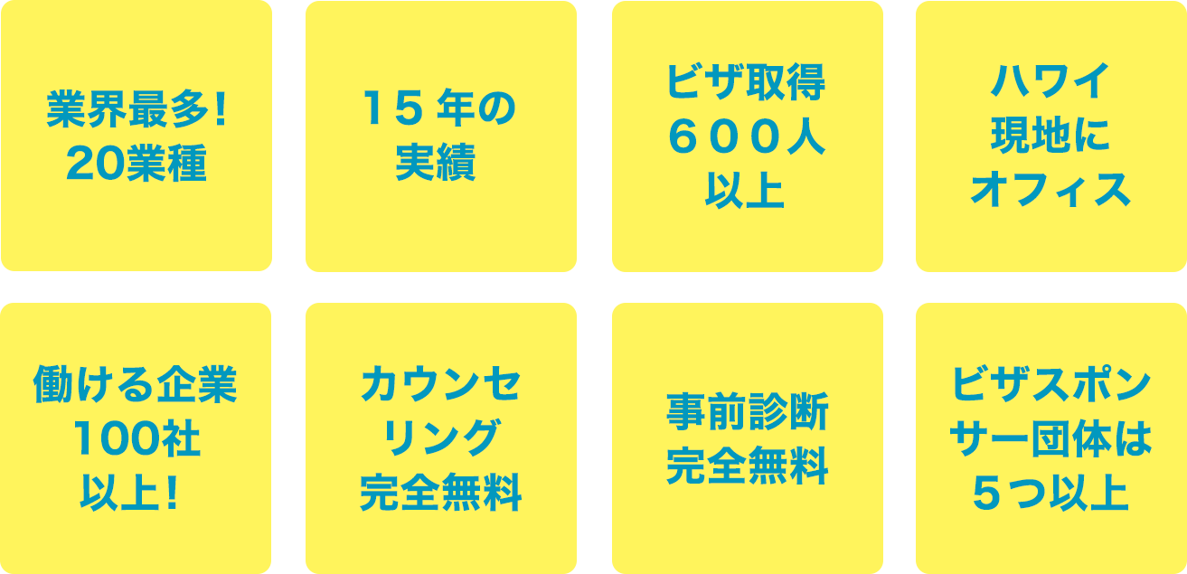 業界最多！20業種 100社以上！。１０年の実績。ビザ取得６００人以上。ハワイ現地にオフィス。事前診断カウンセリング完全無料ビザ取得率１００％。